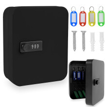 Wall-Mounted 3-Digit Key Lock Box with 20 Hooks, 20 Color Tags, Resettable Code – Compatible with Home & Office
