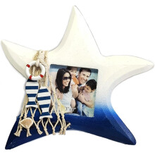 Mediterranean 3x3" Photo Frame, Nautical Wooden Holder for Coastal/Beach Decor – Navy Starfish