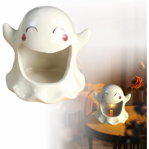 Μπολ με γλυκά για το Halloween και θήκη κεριού για φαντάσματα, κεραμικό πιάτο για