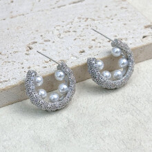 Women's C-shaped pearl earrings, gold-plated, set with large round open pearls and cubic zirconia, make a perfect birthday gift choice.