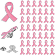 Lot de 60 épinglettes en émail représentant un ruban rose, symbole de sensibilisation au cancer du sein. Badges officiels en alliage rose. Broches