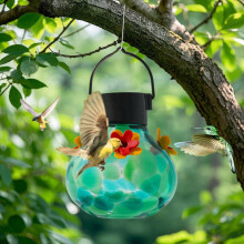 Solarbetriebener Kolibri-Futterspender mit LED-Beleuchtung, Glas, Außendekoration
