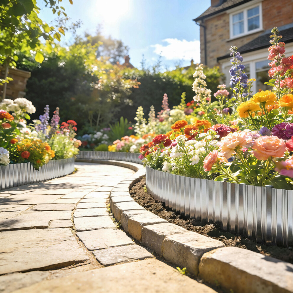 Outsunny Metal Lawn Edging Border, 8 In X 21.3 Ft Garden Edging, Silver Tone
