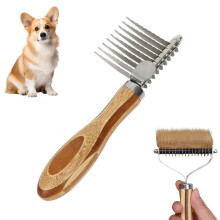 Bamboo Pet Comb for Dematting & Shedding – Double-Sided, 3 Comb Heads, Natural Bamboo Handle, Metal Teeth (7.32")