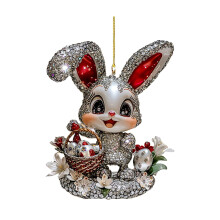 1 stk. påskekaninpynt, 2D akrylglitterkanin med eggkurv, 8,5 cm hengende dekor til påsketre