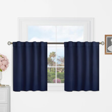 Short Navy Blue Thermal Curtains, 34x24", Rod Pocket & Back Tab, 2 Panels — Compatible with Standard Rods