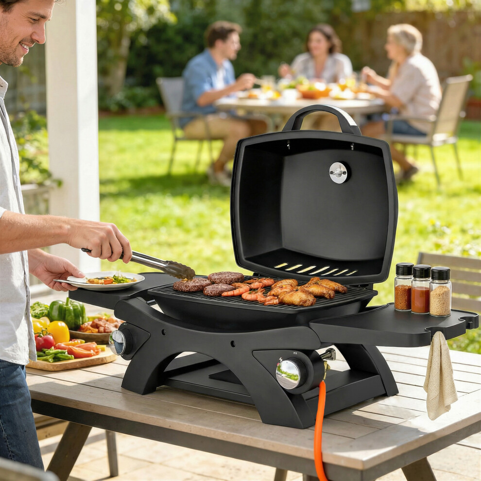 Outsunny 2 Burner Gas Grill, Tabletop Bbq With Cast Iron Grates, Black