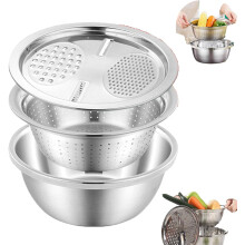 Stainless Steel 3 in 1 Multipurpose Drain Basket Grater Basin Bowl, Stainless Steel Grater with Bowl, For Vegetables Fruits,Rice Rinser Food Graters