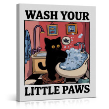 Tableau sur toile pour salle de bain avec chat « Lave tes petites pattes » (1 pièce)