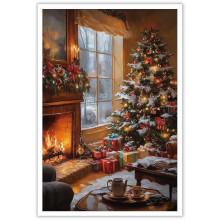 Vintage Rustic Christmas Tree Canvas Wall Art – Whimsical Holiday Poster, Fireplace Scene, Home/Bedroom/Dorm Decor, Perfect Gift (Compatible with