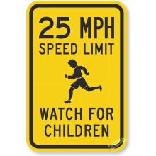Placa de advertencia para pared: Límite de velocidad de 25 mph - Cuidado con los niños. Señal de tráfico. Letrero comercial. Letrero de metal de