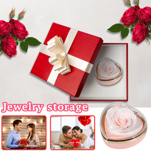 Boîte à bijoux rose en forme de cœur avec rose séchée et collier 2