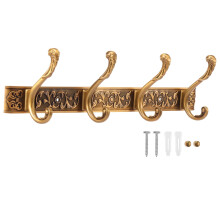 Porte-manteau mural vintage à 4 crochets – Cintre décoratif pour clés, chapeaux, serviettes, peignoirs ; finition laiton antique
