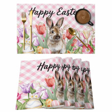 Set de 2 sets de table « Joyeuses Pâques » – Lapin printanier, œufs, motif floral/carreaux, antidérapants, lavables, usage