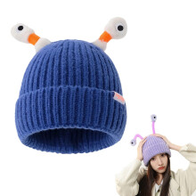 Funny Frog Knit Beanie, Glow in the Dark Stretchy Eyes Handmade Hat for Halloween Costume, Christmas Gift, and Winter Warmth-Blue