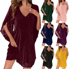 Damenkleid mit Metallic-Folienprint, V-Ausschnitt, 3/4-Ärmel, elegantes Partykleid, Cocktailkleid für Feiertage, Silvester und festliche Anlässe,