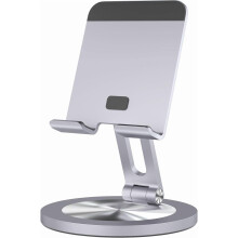 360 Rotating Aluminum Phone Stand for Desk – Dual-Adjustable, Foldable, Compatible with iPhone 16–11 & iPad Mini (4–8", Silver)
