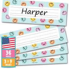Étiquettes nominatives pour pupitres, lot de 36, pour l'école primaire, 23 x 7,5 cm, motif smiley multicolore, pour pupitres et casiers