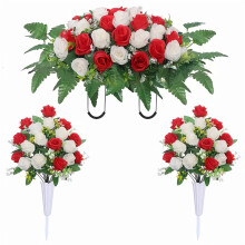QIHUA 1PC Realistic Silk Cemetery Flowers Bouquet with Saddle for Memorials, Red, 65cm – Compatible with Outdoor Use