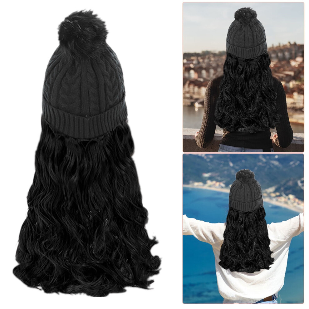 Unisex Beanie Hat Knit With Long Wavy Curly Hair Extensions Wig Dismountable Warm Knitted Attached 20Inch Synthetic Hairpiece For Women