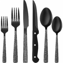 Stainless Steel Flatware Set Black Hammered 24-Pc