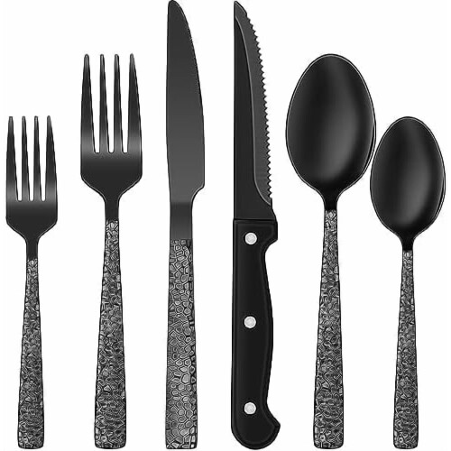 Stainless Steel Flatware Set Black Hammered 24-Pc