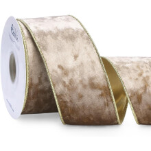Fita de veludo aramada cor camelo, 6,35 cm (2,5 polegadas), dourada cáqui metálica, veludo amassado, 9,14 m (10 jardas) – para embrulho de