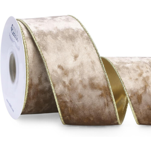 Κορδέλα Camel Velvet με σύρμα 2,5", μεταλλικό χακί χρυσό, θρυμματισμένο βελούδο, 10