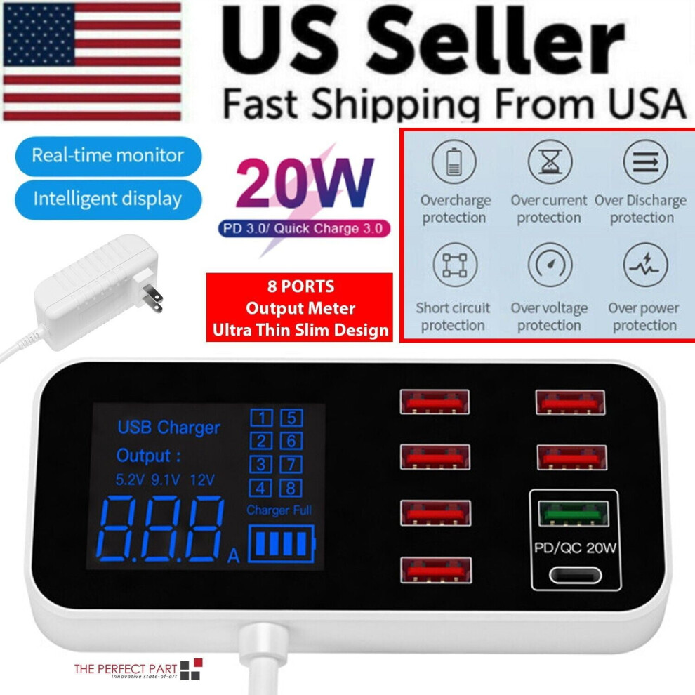 Multi Usb 8-Port Fast Desktop Hub Wall Charger Charging Station Quick Charge 3.0 9152228410770