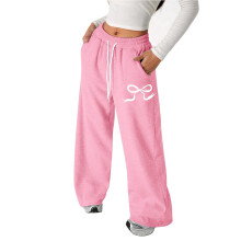 Calça feminina, modelo jogger com laço e cordão, leve, perna reta, confortável para relaxar, roupa escolar infantil, Z02 rosa, 10-11 anos.