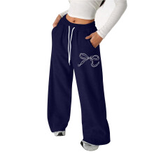 Girl PantsPants Bow Drawstring Loose Fit Lightweight Athletic Straight Leg Casual Trousers for Active Wear,School Kids Clothes,Z02 Navy,12-13 Years