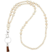 Lanière de 55,2 cm (21,77 po) en perles de bois avec apprêts en alliage, perles d'amande blanchies et pompon – Porte-clés, dragonne pour