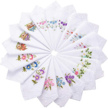 18-Pack Classic Floral Embroidered Handkerchiefs for Women, Cotton with Lace Trim, Elegant & Soft Cloth Hankies for Daily Use, Gift