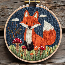 DIY Punch Needle Kit: Red Fox & Mushrooms, Easy for Beginners, Stamped Pattern + Hoop – Craft & Home Decor