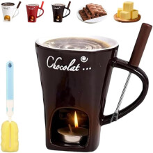 Mini ceramic chocolate fondue mug with forks and candle
