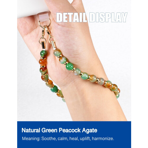 Cordão para câmera feito à mão com miçangas de ágata pavão verde, alça de pulso e chaveiro – Compatível com iPhone/Android 1