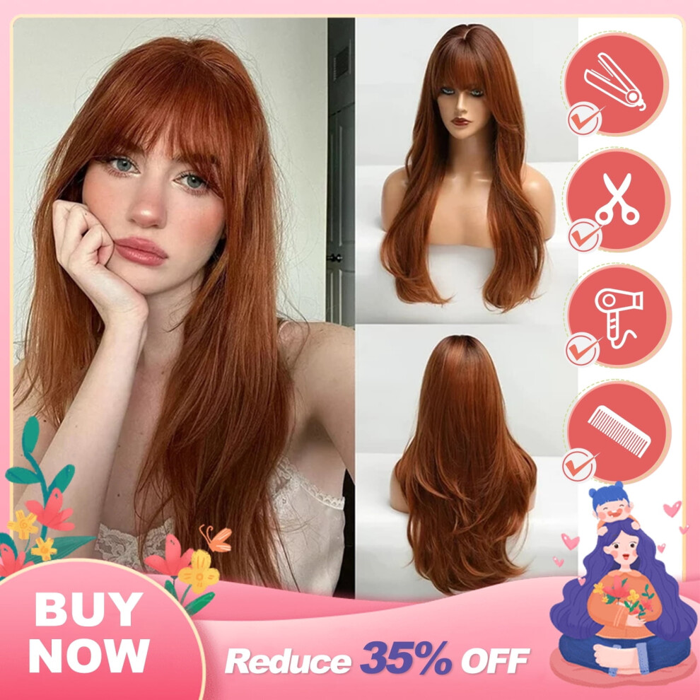 Unisex Orange,Red Long Auburn Wig With Bangs Layered Curly Orange Wigs For Women Natural Synthetic Wigs For Daily Use