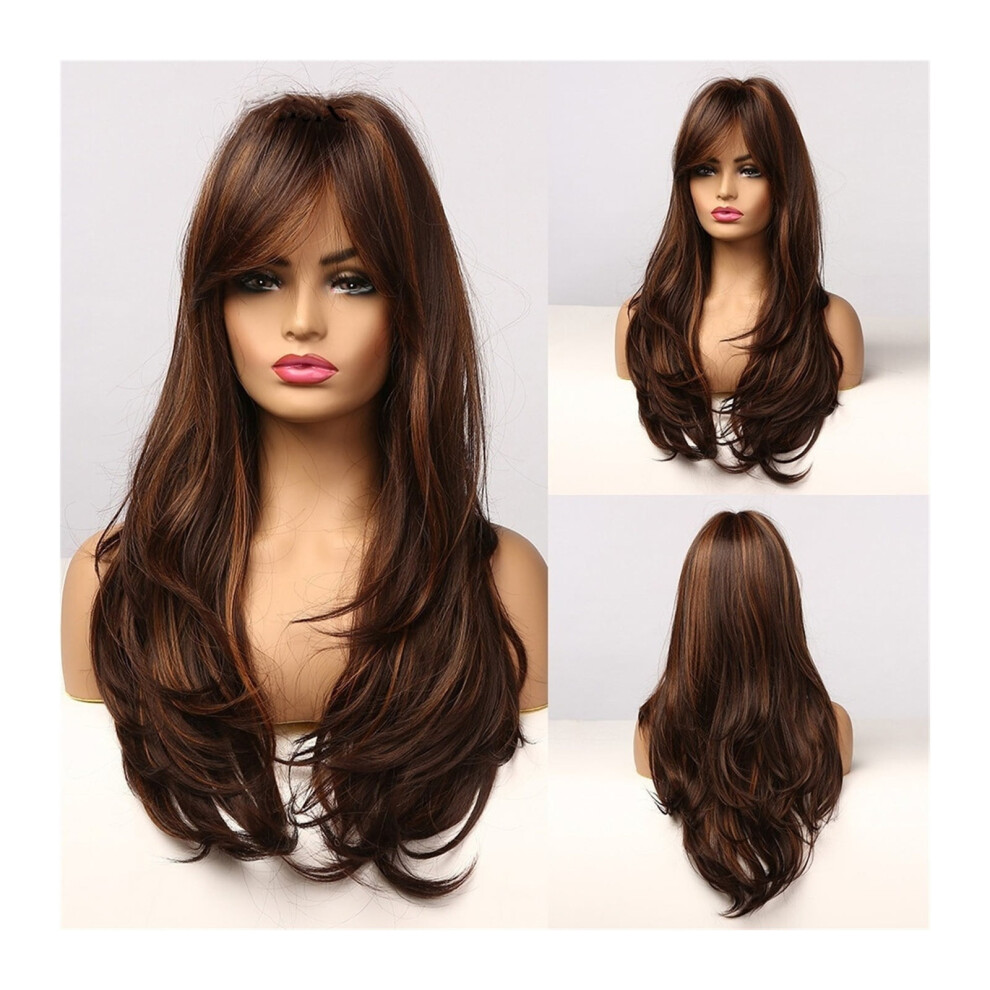 Women's long wavy brown-blond highlight wig with bangs