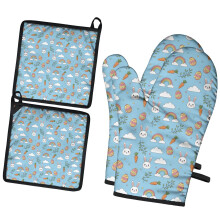 Ensemble de 2 maniques et gants de cuisine à motifs bleus Pâques et arc-en-ciel, résistants à la chaleur jusqu'à 200 C (392 F), pour la