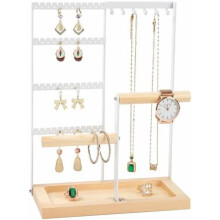 Lengnoy 4-stöckiger Schmuckständer mit 48 Löchern und 6 Haken – Holzständer für Halsketten, Armbänder, Ohrringe und Ringe – Weiß