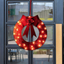 Guirlanda de Natal para exterior, guirlanda iluminada com luzes LED e laço vermelho, decoração natalina em metal para exterior, janela, parede ou