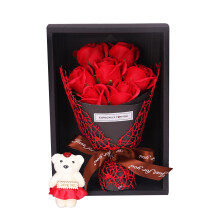 Coffret cadeau AuroraX Saint-Valentin : 7 roses artificielles rouges avec ourson en peluche – Idéal pour la décoration de la Saint-Valentin