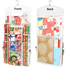 Hanging Double-Sided Wrapping Paper Organizer with Pockets, 40"x17", Fits 40" Rolls, Clear PVC Bag (Black)
