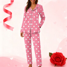 Kvinders Valentinsdag-pyjamassæt med print og lommer, 1 top + 1 bukser, langærmet, krave, hjemmetøjssæt, afslappet, komfortabelt nattøjsoutfit