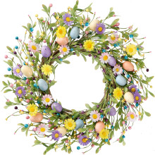 18" Artificial Easter Wreath with Eggs, Daisies, Berries & Eucalyptus – Front Door, Wall, Window Decor