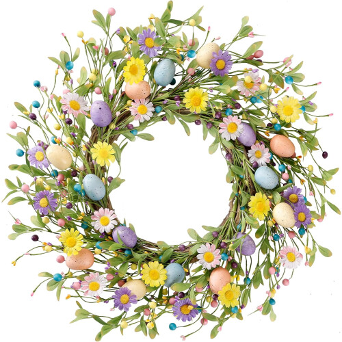 18" Artificial Easter Wreath with Eggs, Daisies, Berries & Eucalyptus – Front Door, Wall, Window Decor