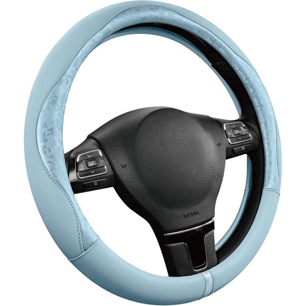 Pu Leather Steering Wheel Cover, Universal Fit 14.5"Â15.5", Anti-Slip, Odor-Free, Soft Texture Â Compatible With Most Cars Light/Blue/Grain 9399596122090