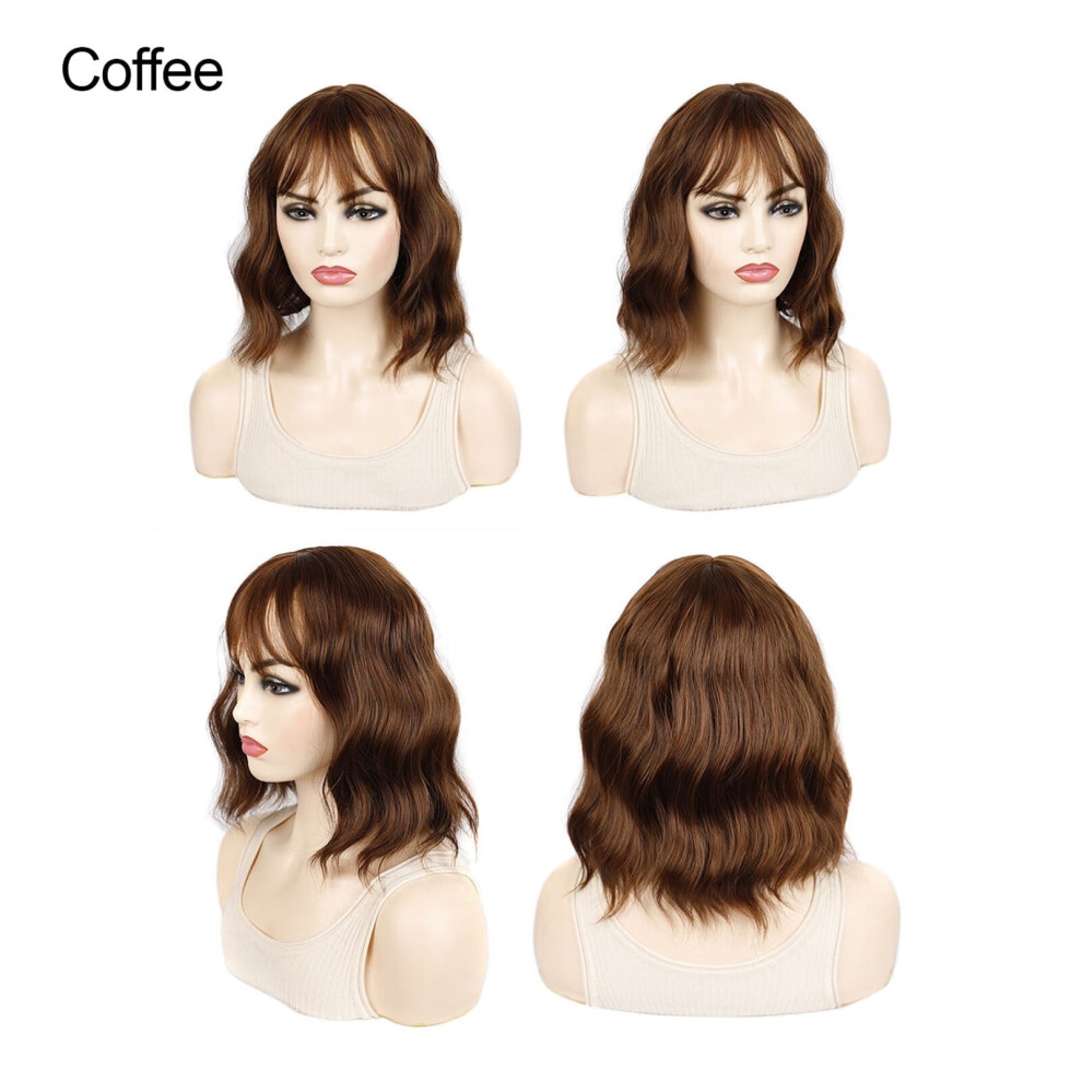Unisex Women Short Wavy Bob Silky Wavy Synthetic Heat Resistant Wig With Natural Bangs