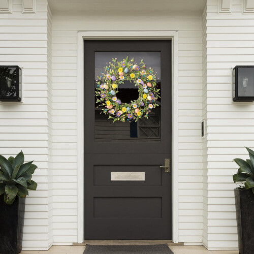 18" Artificial Easter Wreath with Eggs, Daisies, Berries & Eucalyptus – Front Door, Wall, Window Decor 1