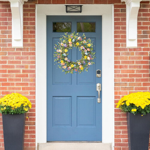 18" Artificial Easter Wreath with Eggs, Daisies, Berries & Eucalyptus – Front Door, Wall, Window Decor 2